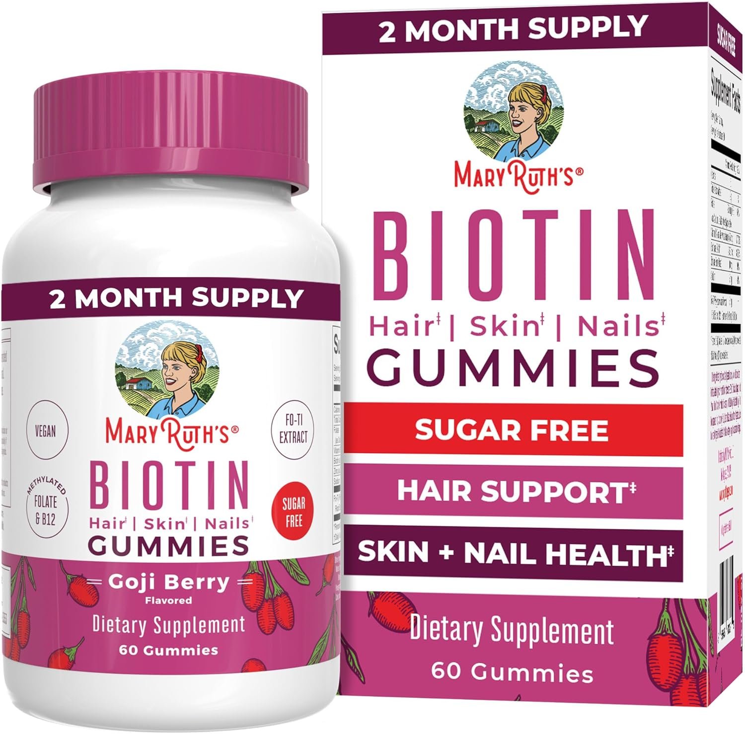 MARYRUTH’S Biotin Gummies, Hair Growth, Vegan, Sugar Free, Non-GMO, 60 Ct