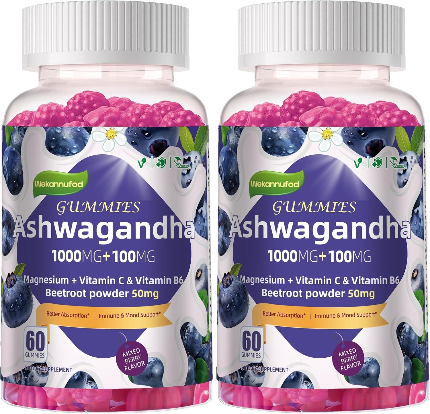 Wekannufod Ashwagandha Gummies 1000mg, 120 Count (2 Pack) – Organic Root Extract, Daily Adaptogen Gummies, Non-GMO, Sugar Free & Gluten Free